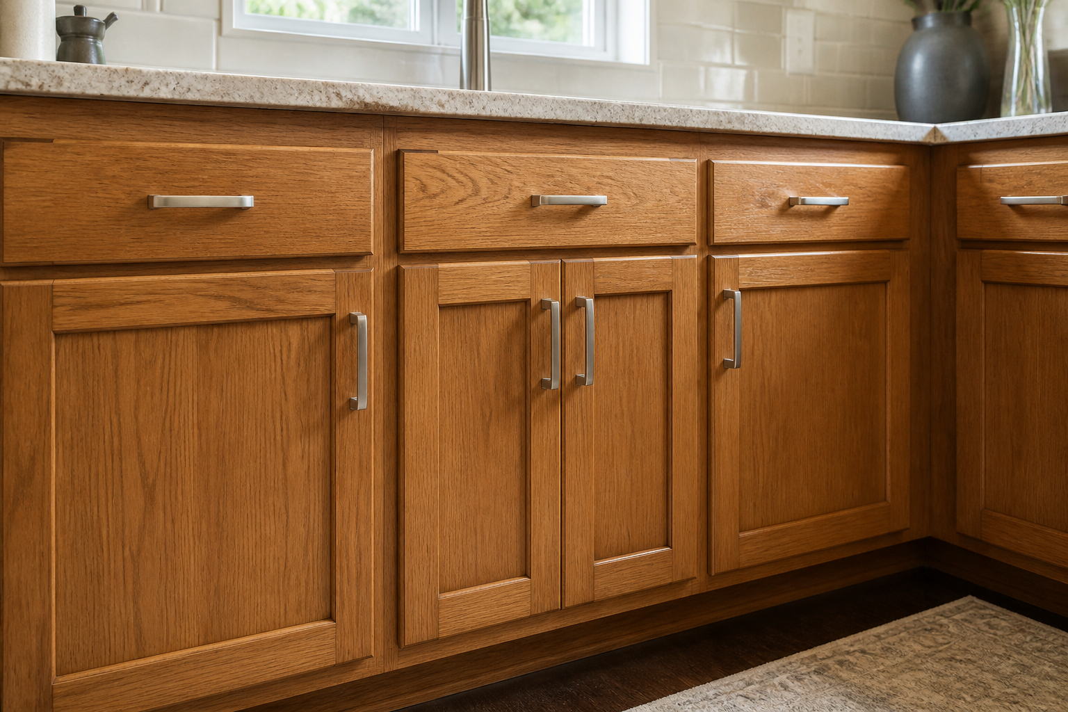 Kitchen cabinet refinishing with stained oak doors in Grand Island, NE